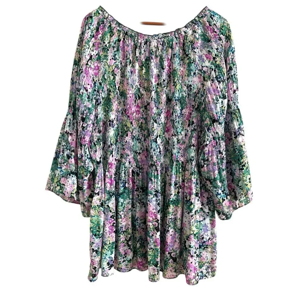 Floral & Ivy Top Size 3X Colorful Boho Peasant Cottagecore Long Sleeve Blouse